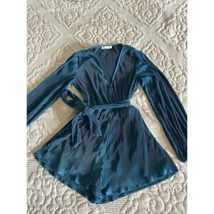 12th Tribe Romper Teal Mini Short/ Skirt Dressy Evening Shiny Blue W/ Belt XS